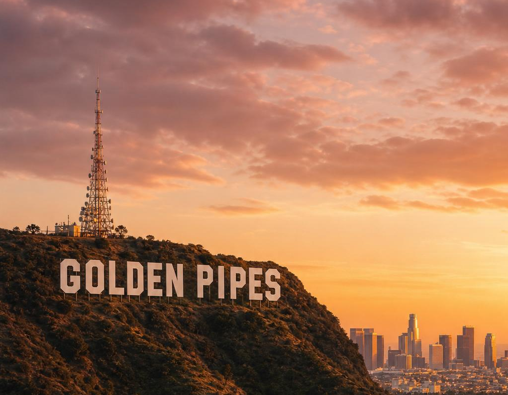 Golden Pipes Plumbing — Golden Pipes sign over the Los Angeles skyline at sunset